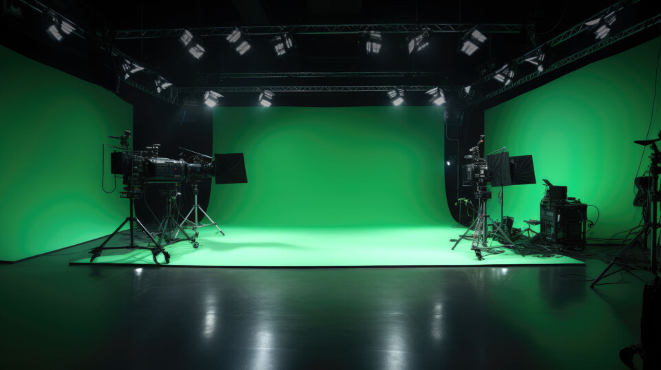 UBCNM video production room with lighting and green screen backdrops.